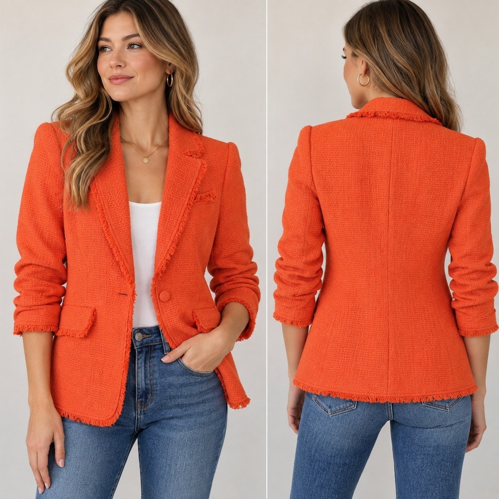 Cinq à Sept Khloe Bouclé Women's Blazer Orange Fringe Tweed Ruched Sleeve 8